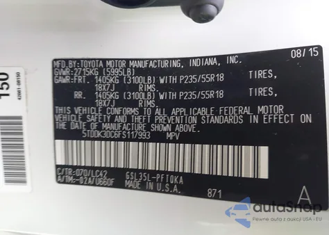 2015 Toyota Sienna Xle Premium 7 Passenger z USA, uszkodzony, nr VIN 5TDDK3DC6FS117993